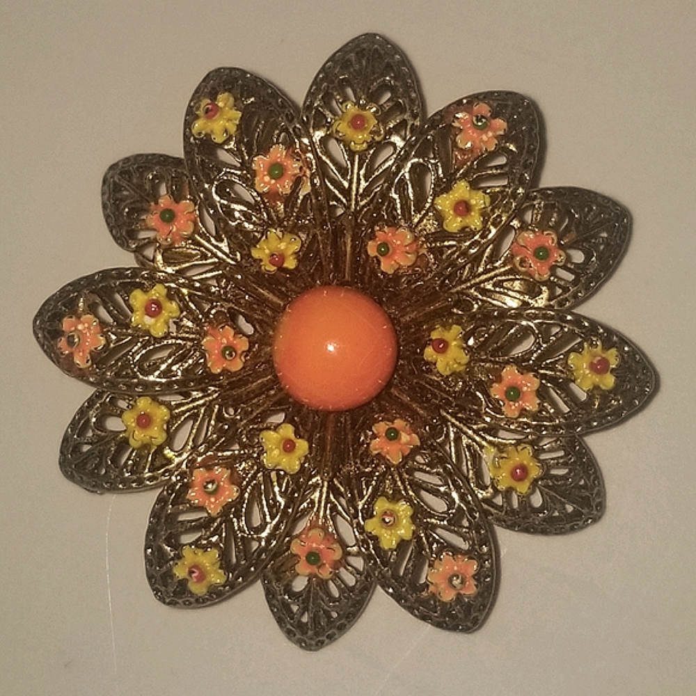 Vintage Signed ART Gold Tone Brooch with Orange and Yellow Floral Design